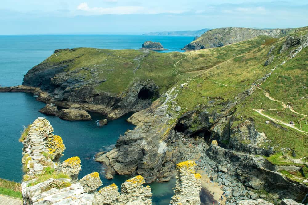 Tintagel Castle in Cornwall with views of the sea and ruins
