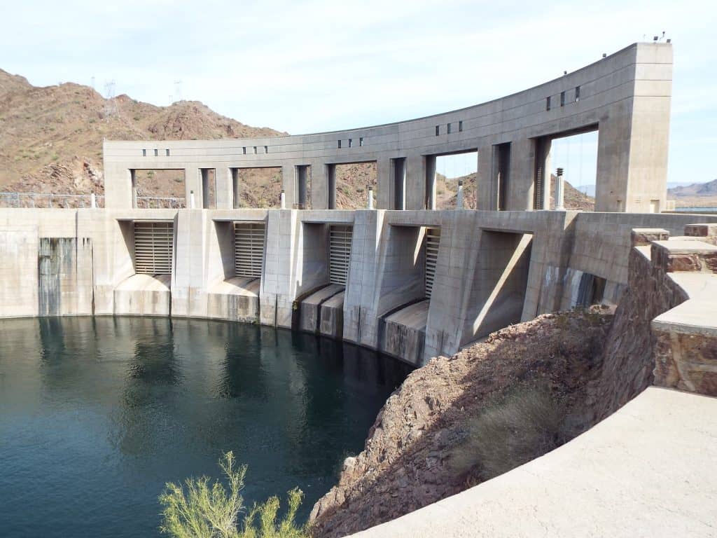 The Parker Dam is a hydroelectric dam on the Colorado River on the border between California and Arizona