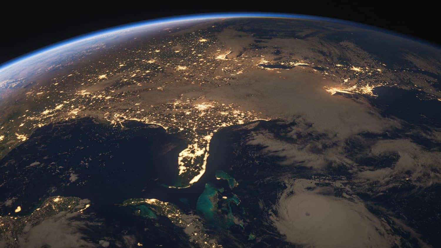 Orbital view of Florida and USA looking down from space, showing the Everglades, Florida Keys, Gulf of Mexico, Hurricane forming