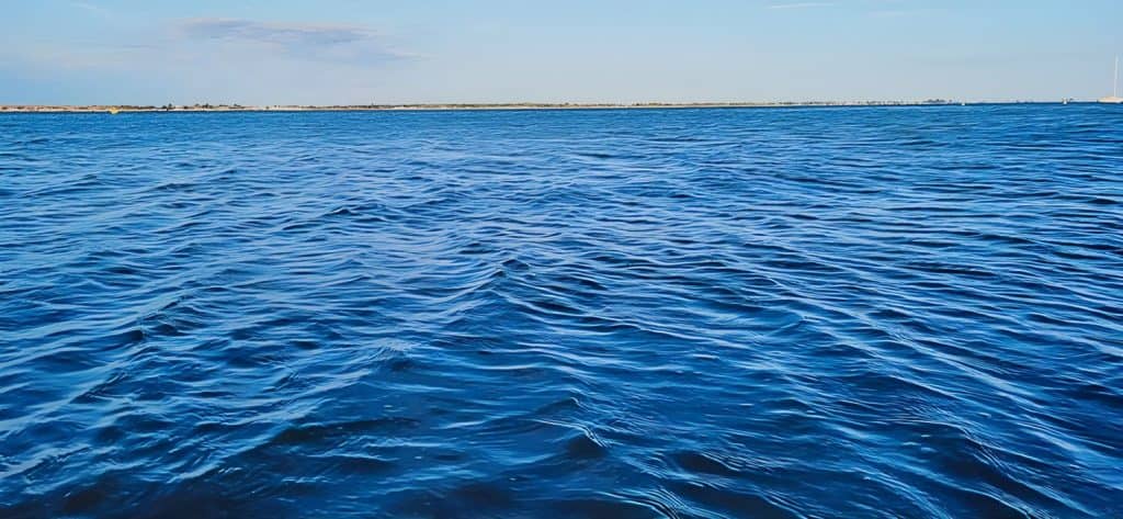 A peaceful expanse of deep blue water, rippled by a gentle breeze. On the horizon, a thin strip of land and a solitary sailboat evoke freedom and vastness. The clear sky enhances the serenity of this ocean scene.