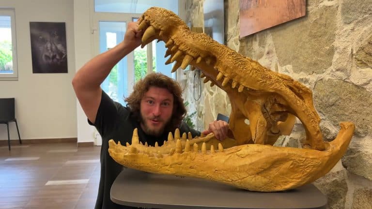 Host inside giant skull replica, fun and striking visual
