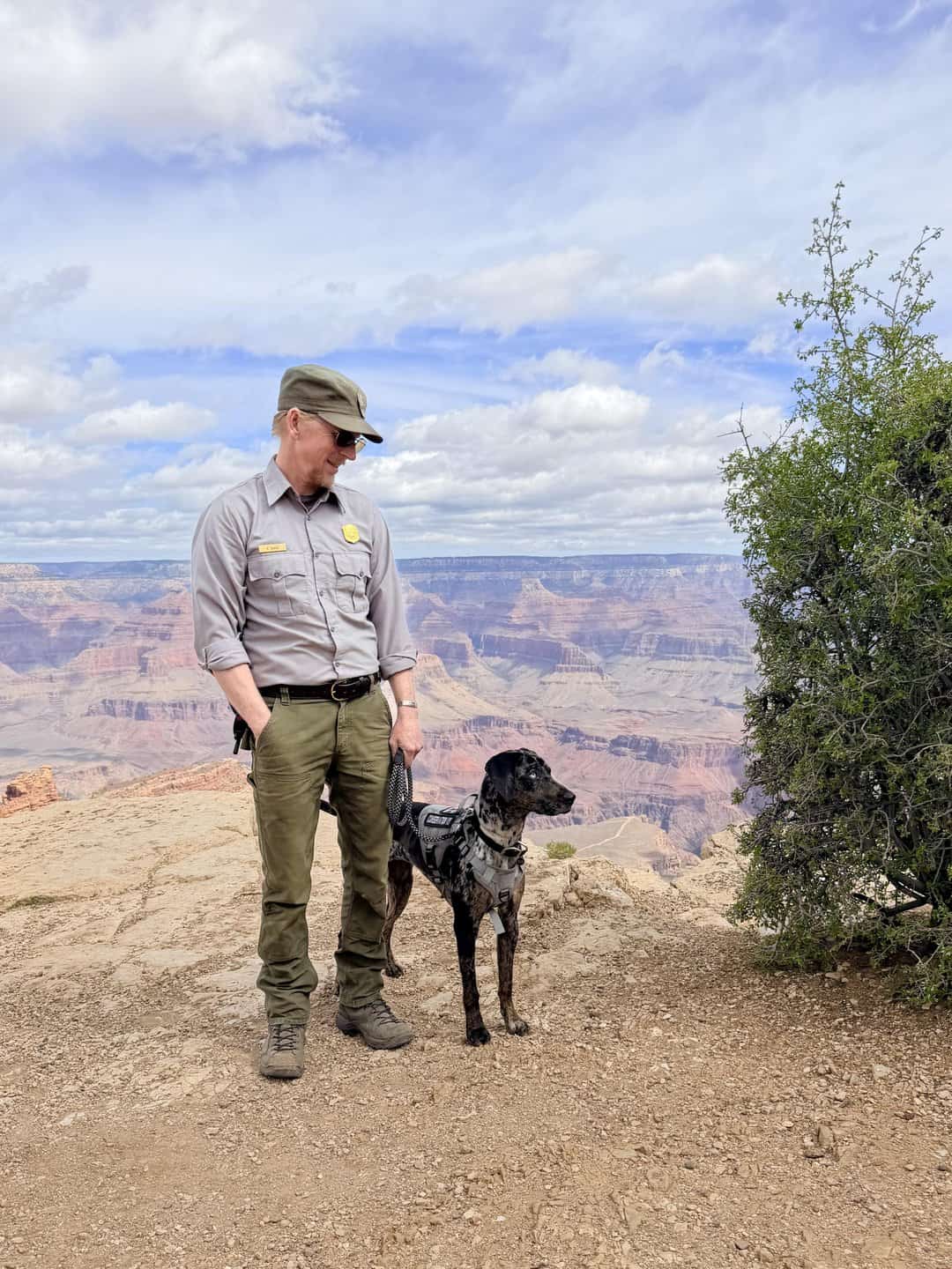 Park ranger walking with black and white speckled dog on a leash