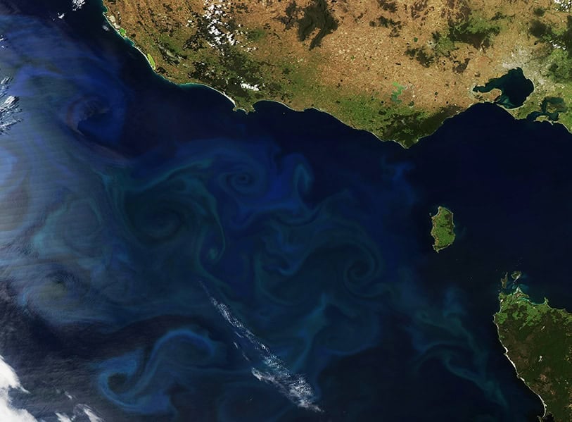 satellite image showing green and brown coastline above and blue ocean below with swirls
