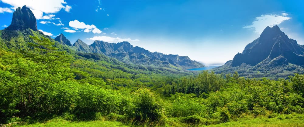 Rotui mountain with Cook's Bay and Opunohu Bay on the tropical pacific island of Moorea, Tahiti