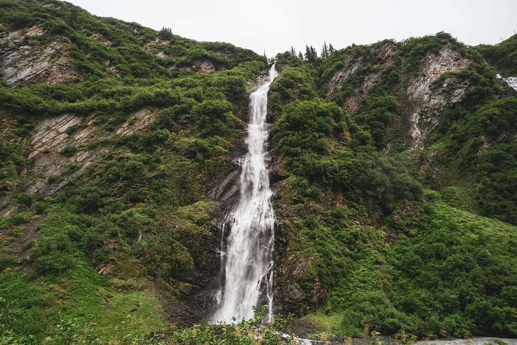 View of Horsetail Falls in Valdez Alaska in the Keystone Canyon