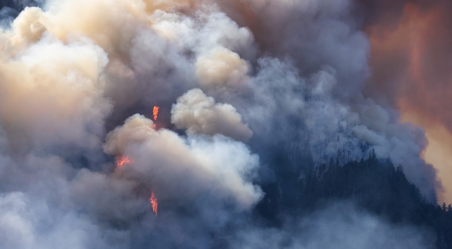 BC Forest Fire and Smoke over the mountain near Hope during a hot sunny summer day. British Columbia, Canada. Wildfire natural disaster