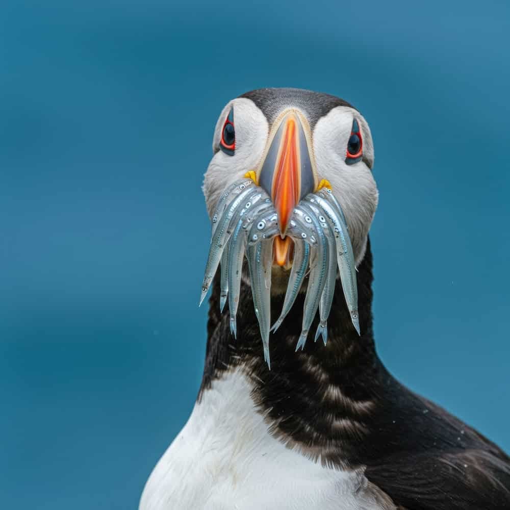 Close-up of an Atlantic puffin holding fish in its beak against a blue background, showcasing vibrant colors and sharp details.