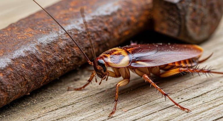 Macro Shot of a Cockroach on Wooden Surface with Rusty Metal.