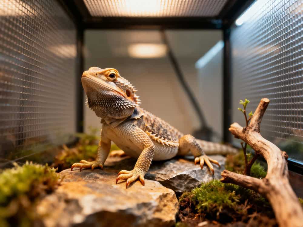 A small, light-colored bearded dragon sits on a large rock, looking up at the bright basking lamp in its wire-top, naturally decorated enclosure.