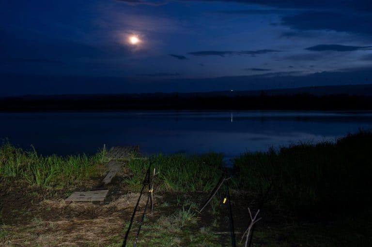 Night fishing with fishing rods on the lake shore. Fishing rods on a holder near the lake.