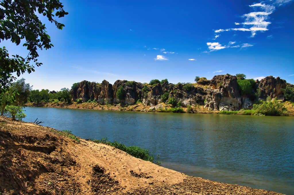 The Fitzroy River flowing through the Geikie Gorge in the rugged outback of northwest Australia, Danggu Geikie Gorge National Park in the Napier Range in the Kimberley. 