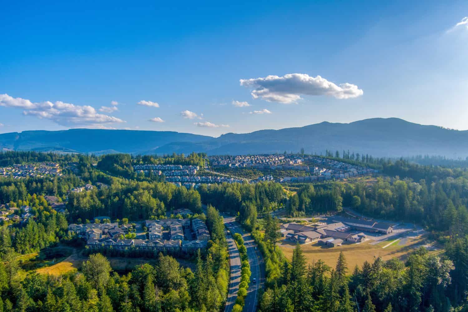 Aerial view of Snoqualmie, Washington in August 2021