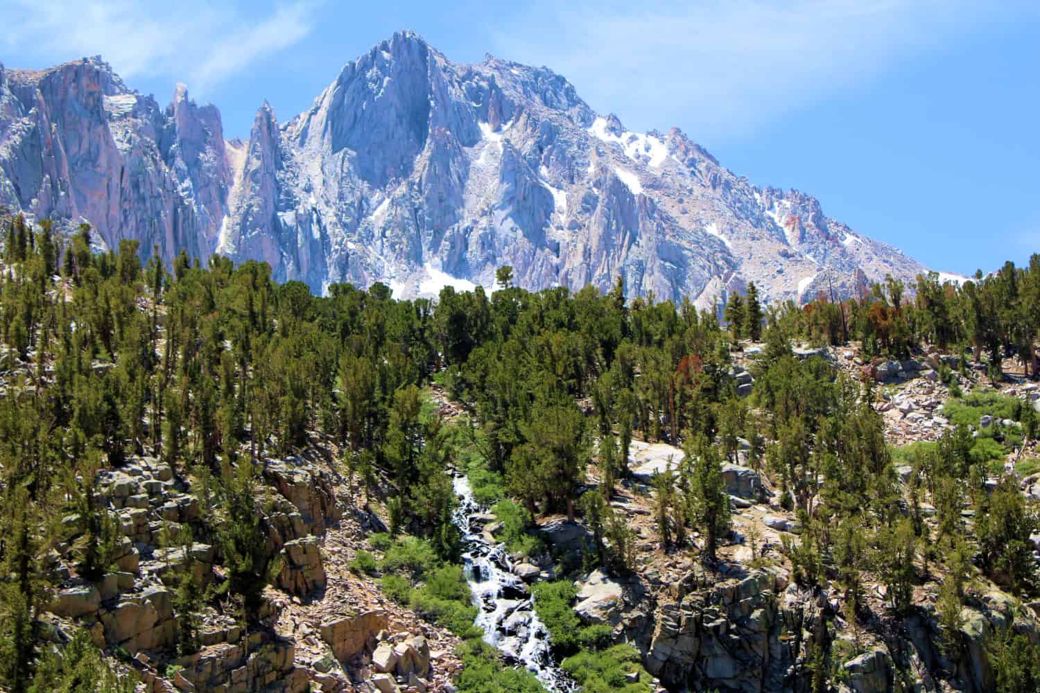 River flowing down the mountain slope surrounded by pine trees with a rugged mountain summit beyond taken at an alpine forest in the Sierra Nevada Mountains