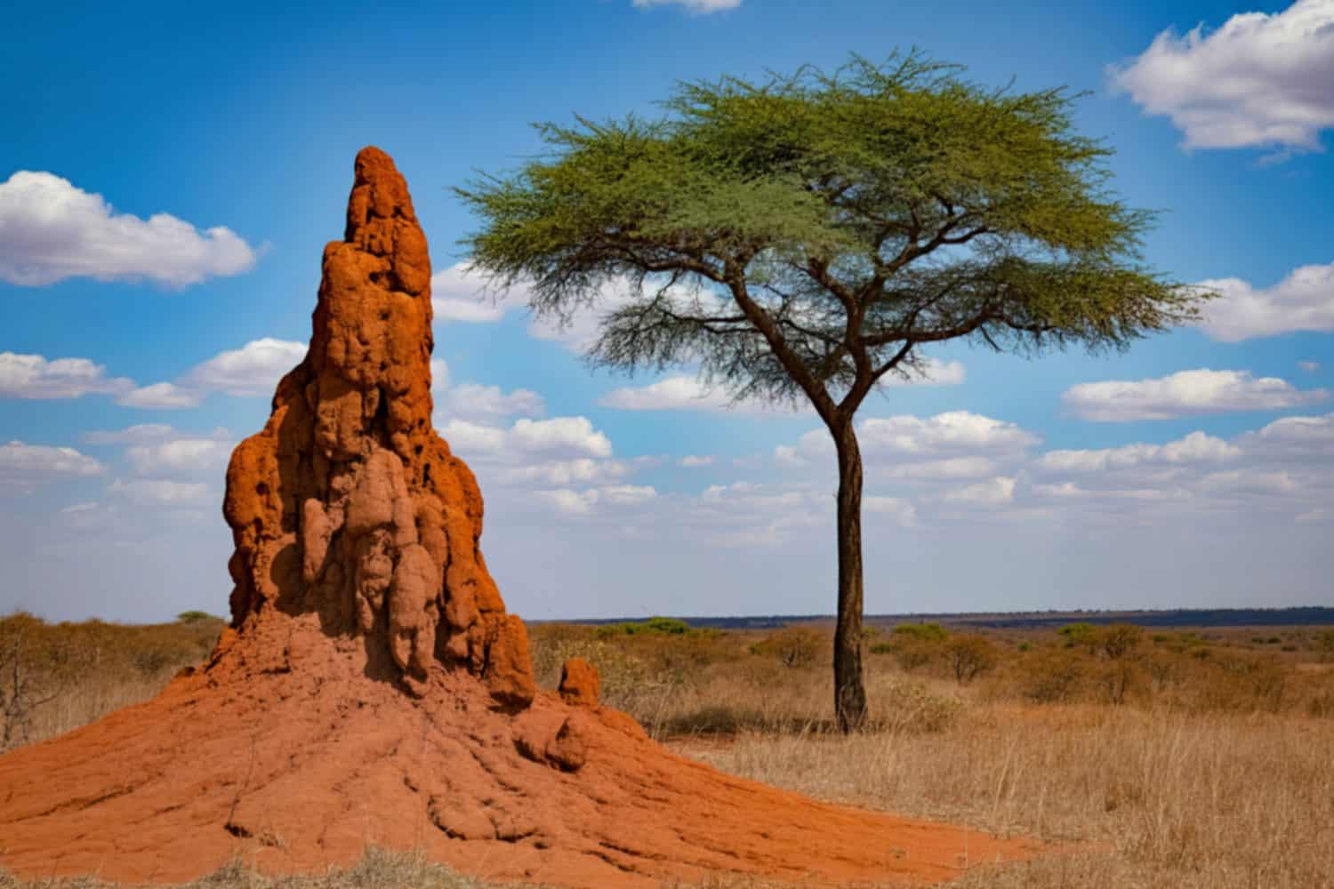 A towering termite mound stands beside a solitary acacia tree under a vast blue sky with scattered clouds in the African landscape.