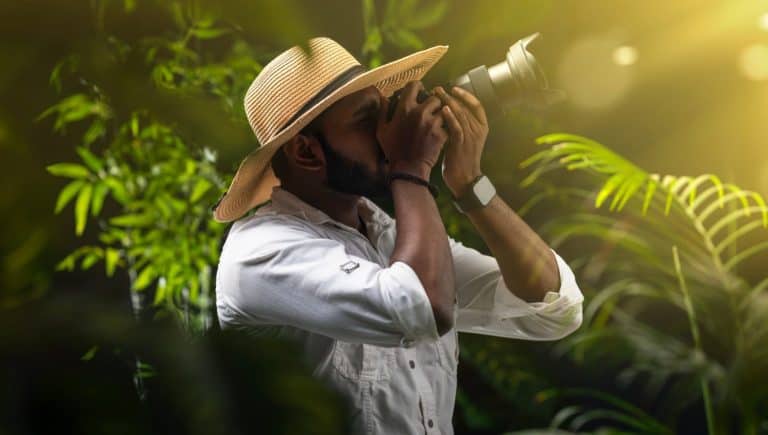 Nature photography day image, Tourist photographer taking picture of nature, wildlife photographer exploring jungle, adventure travel and tours concept image