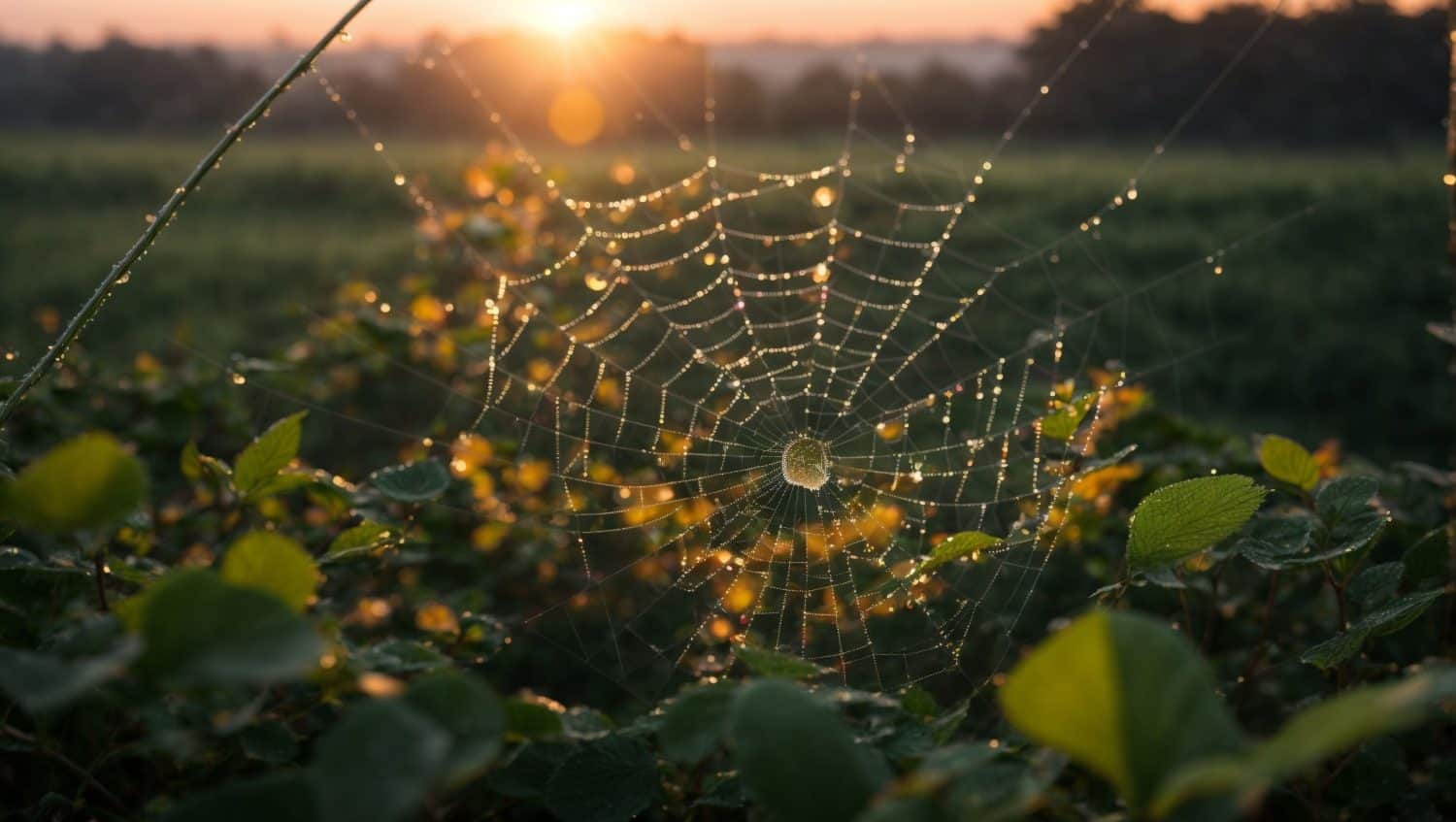 A close-up of a spider web covered in water droplets. The water droplets sparkle in the sunlight, and the spider web is delicately intricate.