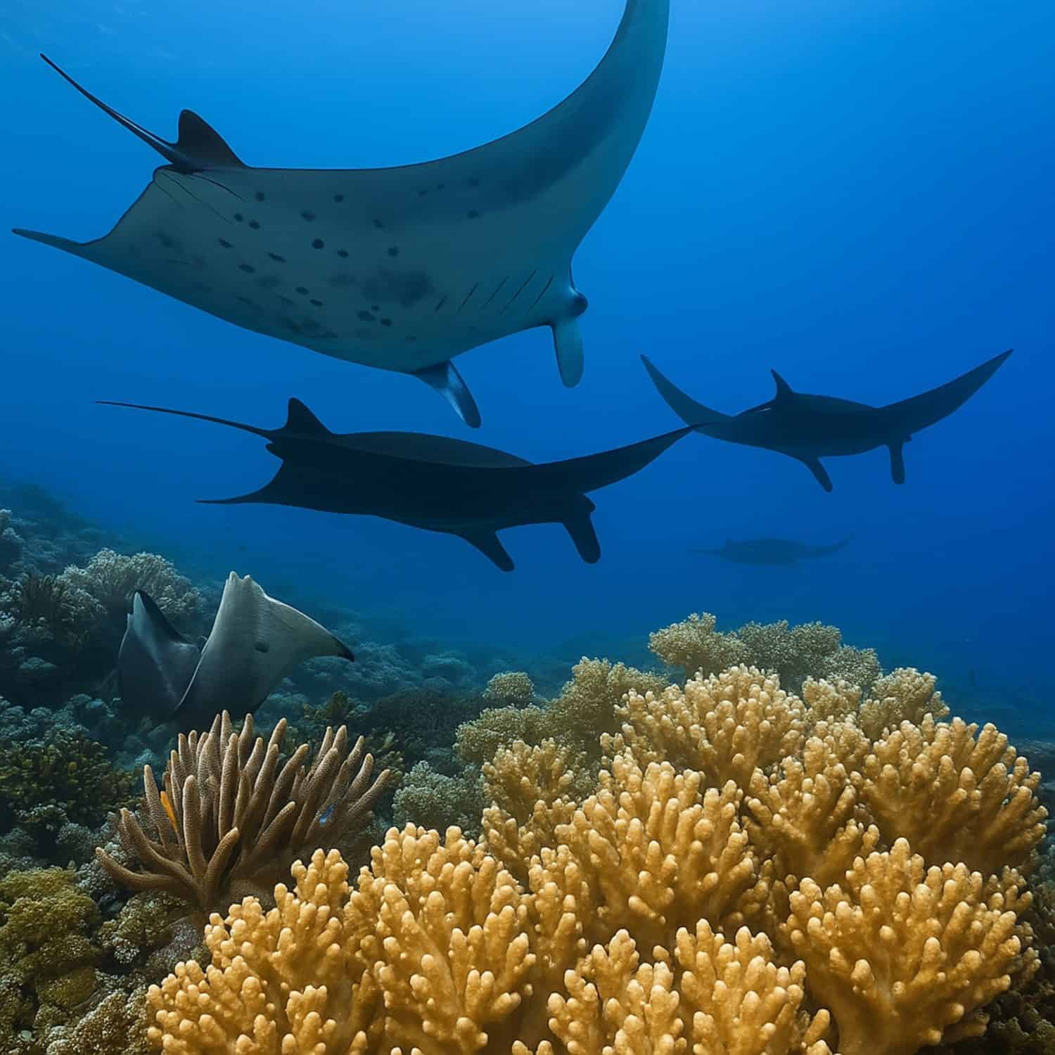 several manta rays gracefully gliding above a thriving coral reef in clear ocean waters