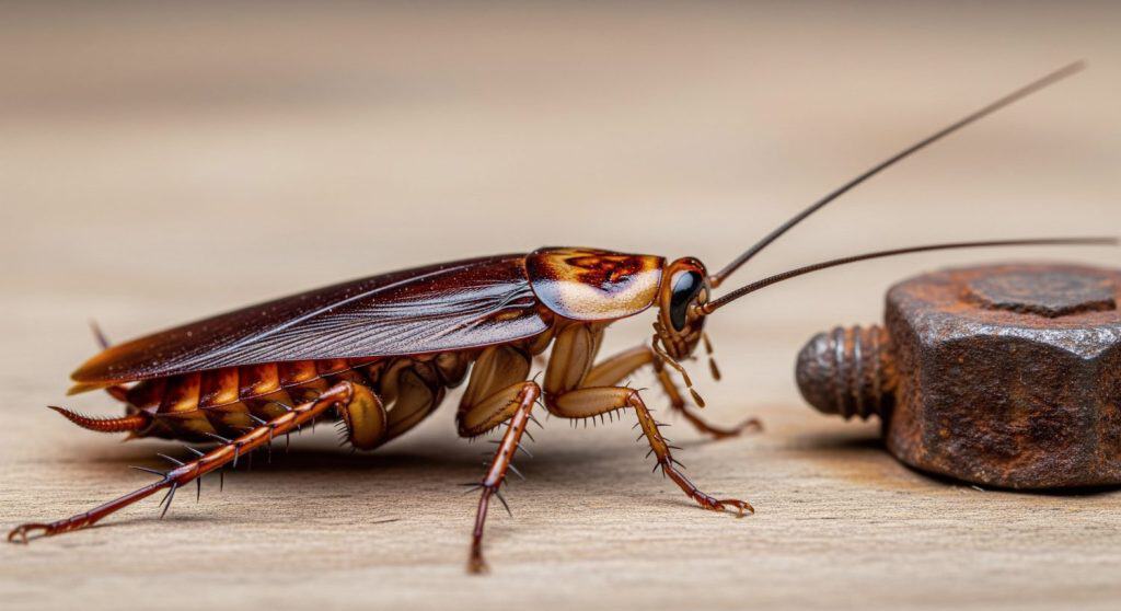 Macro Shot of a Cockroach on Wooden Surface with Rusty Metal.
