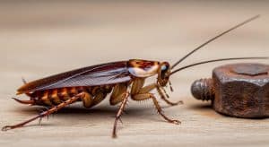 Macro Shot of a Cockroach on Wooden Surface with Rusty Metal.