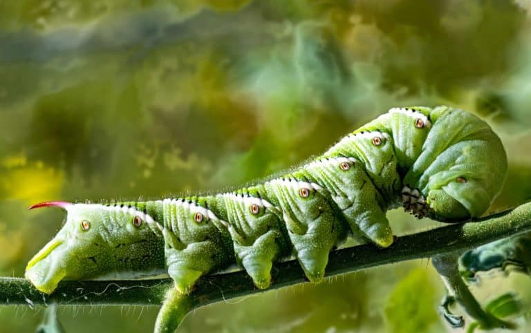 Tobacco hornworm closeup macro photo on a tomato stalk, Manduca sexta