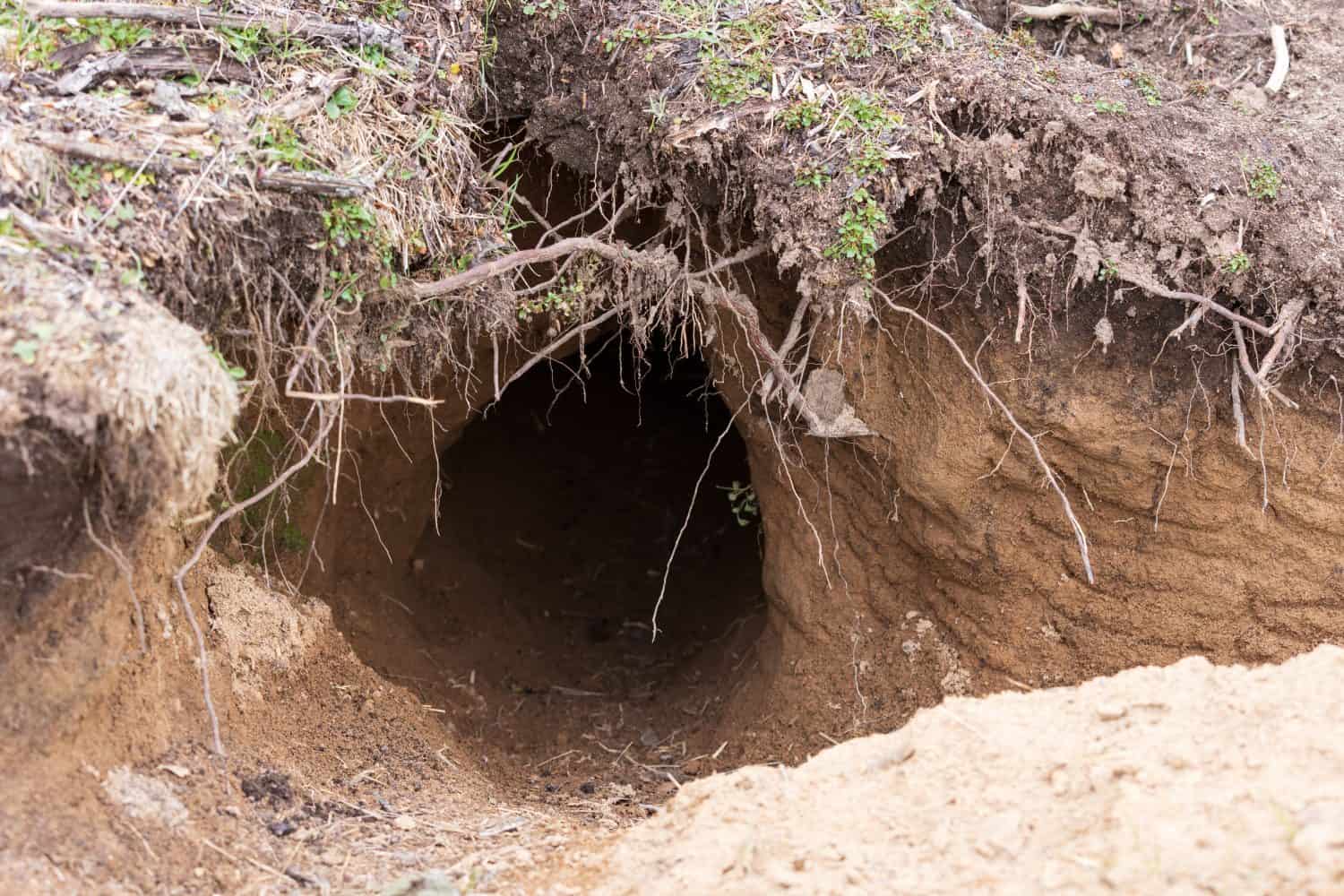 The grassy, leaf covered dry dirt entrance to an Australian wombat burrow.