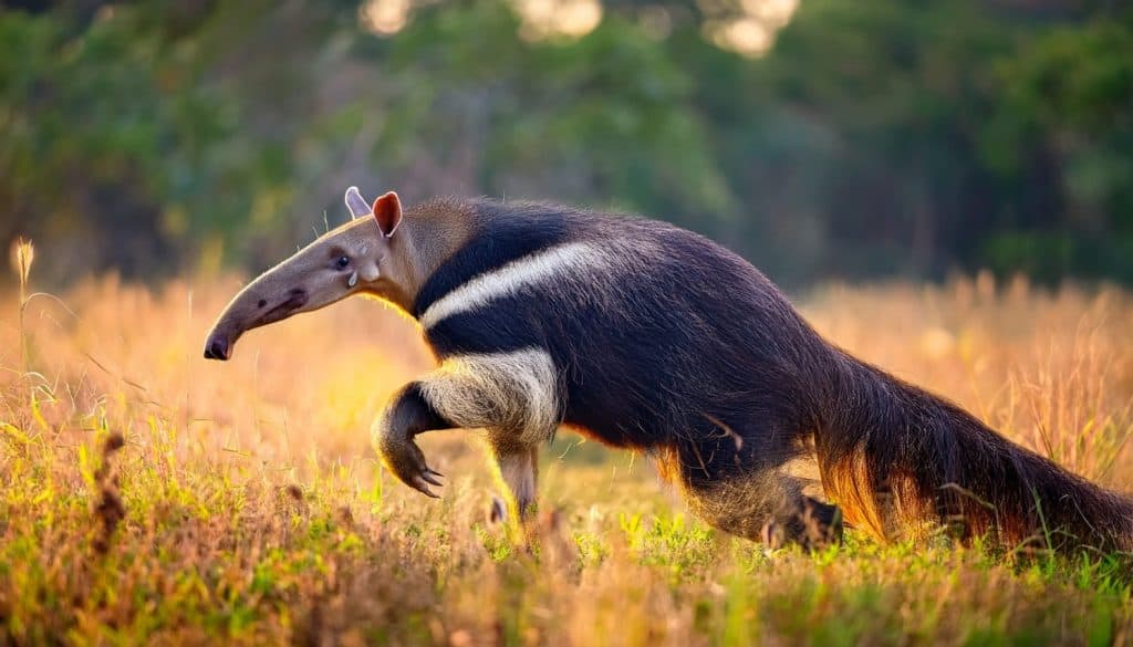 Anteater, cute animal from Brazil. Giant Anteater, Myrmecophaga tridactyla, animal with long tail and log muzzle nose, Pantanal, Brazil. Wildlife scene, running in pampas.