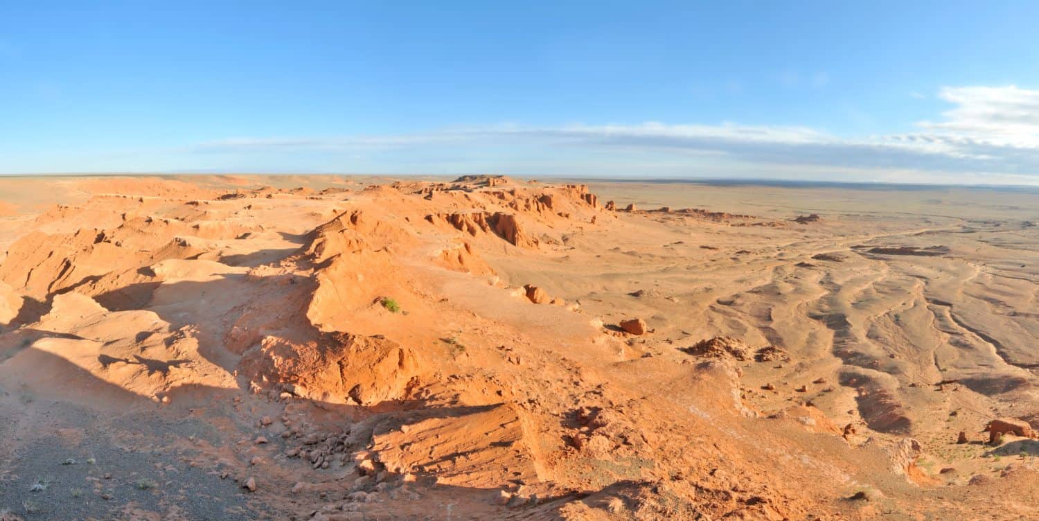 View on Bayanzag Flaming Cliffs  on the Mongolian Gobi desert containing fossils of jurassic dinosaurs