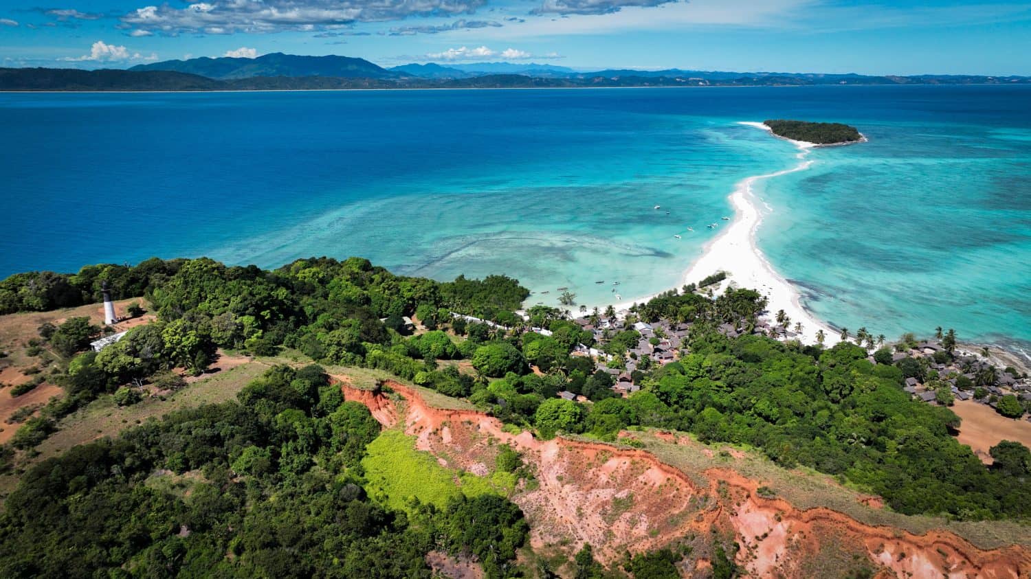Aerial view of Nosy Iranja Island showcasing vibrant waters and lush greenery in Madagascar