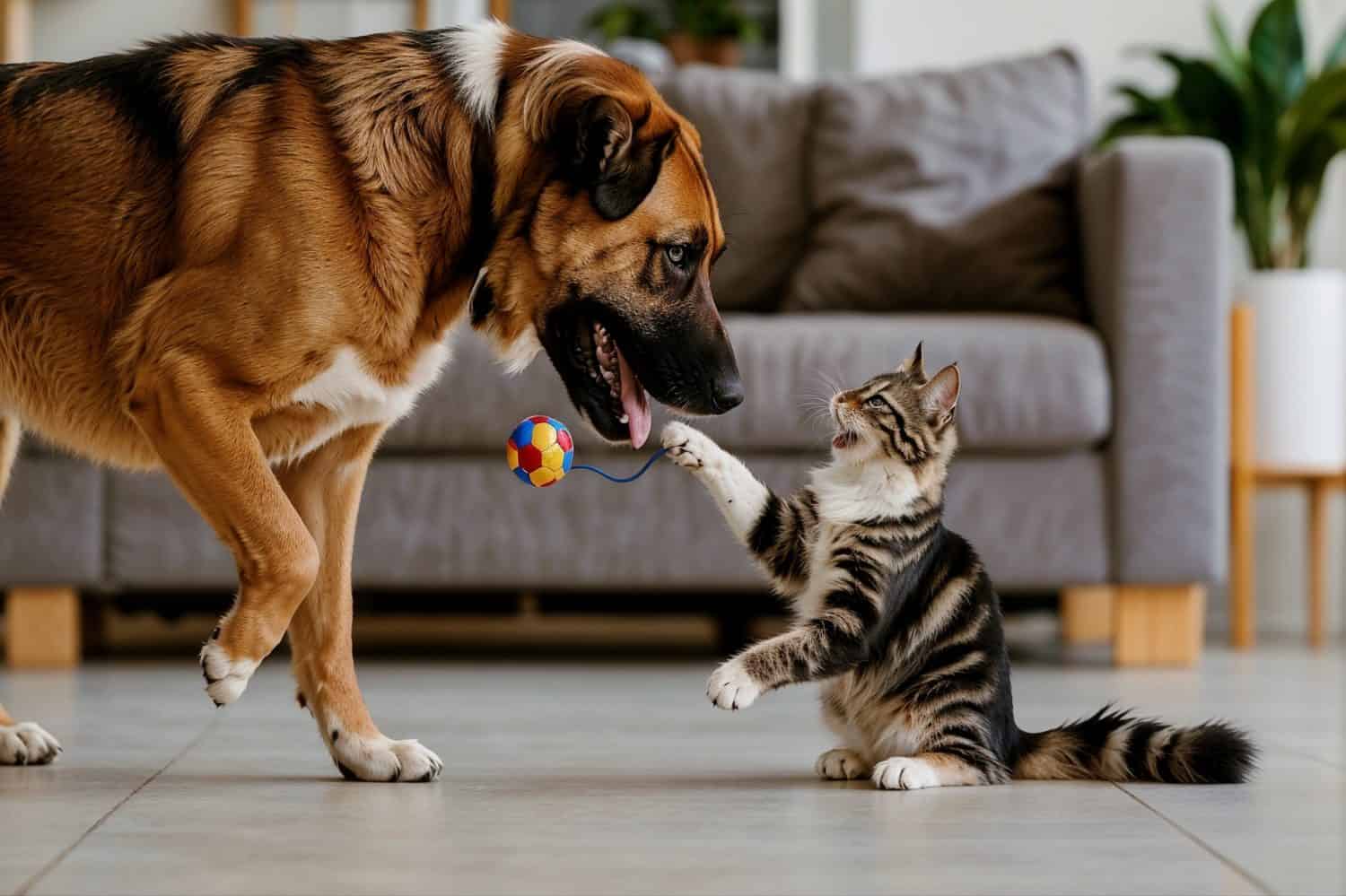 Cat and Dog Playing Happily - Cute Stock Images for Pet Blogs, Animal Content, Advertising Campaigns, Social Media Posts, Educational Use, and Pet-Themed Projects